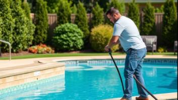 Expert pool service technician maintaining a stunning inground pool.